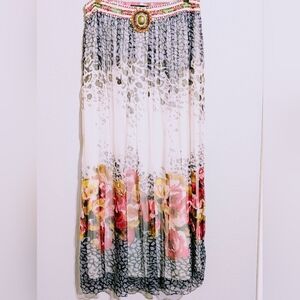 🌸 AQUA 100% Silk Beaded Floral Animal Print Maxi Skirt Size US 12